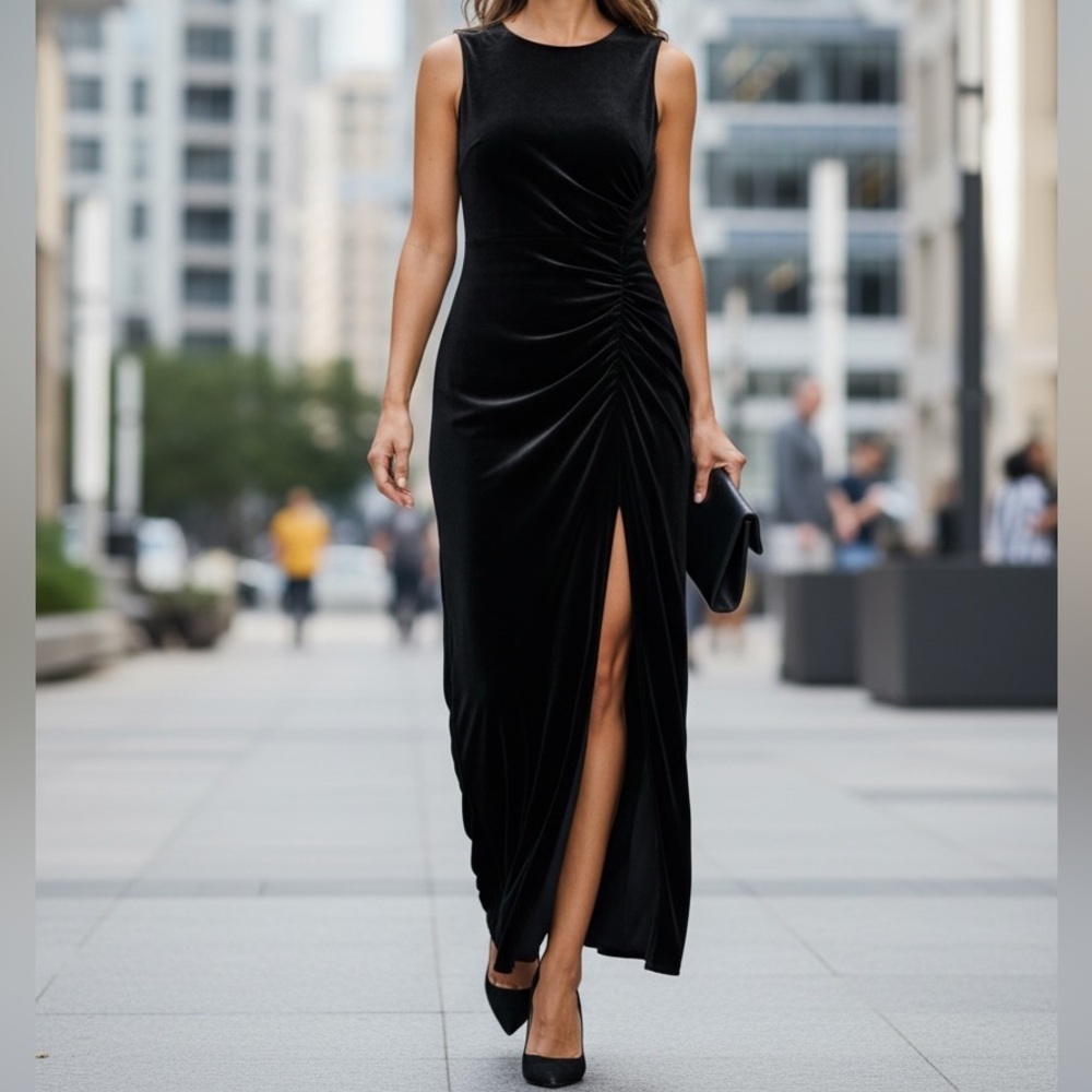 Veronica Beard silk velvet Elegant Black ruched Maxi sleeveless Dress romantic - Picture 5 of 15